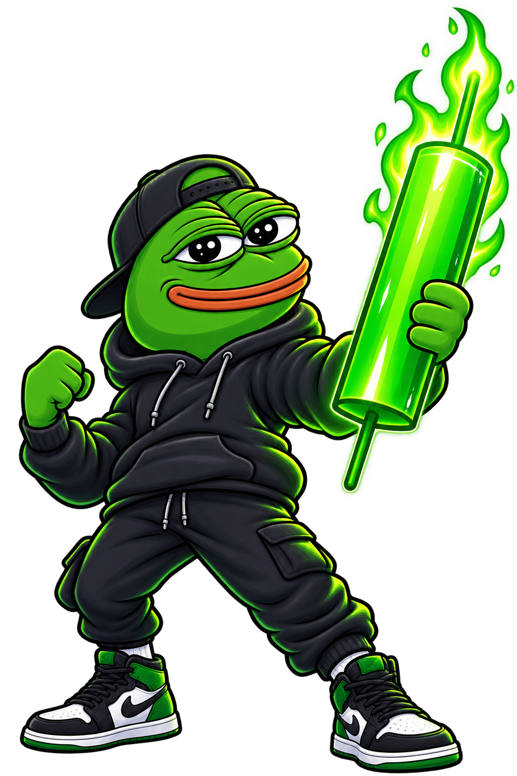 PEPE holding a green candle rocket